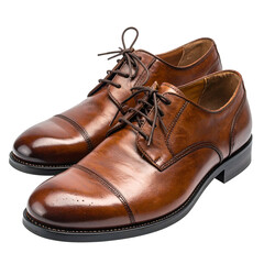 Classic brown leather dress shoes with laces on black background.