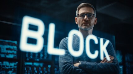 A focused middle-aged Caucasian man stands in front of a digital interface displaying the word 'BLOCK.'