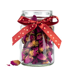 Glass jar filled with dried rosebuds tied with a polka dot ribbon.