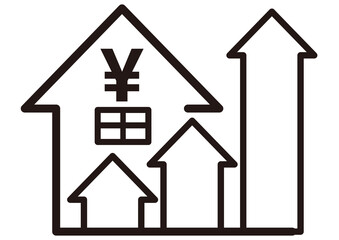 家, 自宅, 物件, 矢印, 値上げ, 不動産, 投資, 住宅, 価値, 資産価値, 上がる, 値上がり, 金, 高騰, 上昇, 増える, お金, 地価, 戸建て, 賃貸, マイホーム, 建築, 家賃, 資産, ローン, 価格, 住宅ローン, 金利, 変動, マンション, 土地, 一戸建て, 固定資産税, アップ, 物価, アイコン, 暮らし, 生活, シンプル, デフォルメ, イラスト, 生活費