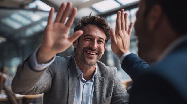 Successful business people giving each other a high five in a meeting. Two young business professionals celebrating teamwork in an office.