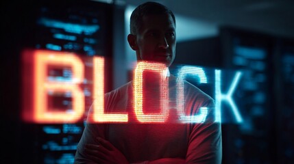 A focused male IT professional stands confidently behind the glowing word 'BLOCK', symbolizing cybersecurity challenges.