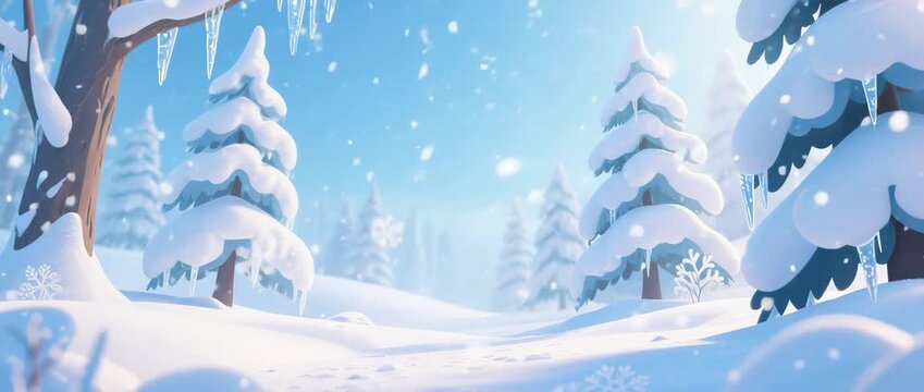Blue night winter landscape with a snowy Christmas tree and snowflakes illustration for a holiday card