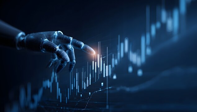 Advanced robotic hand interacting with a futuristic digital financial market data visualization interface