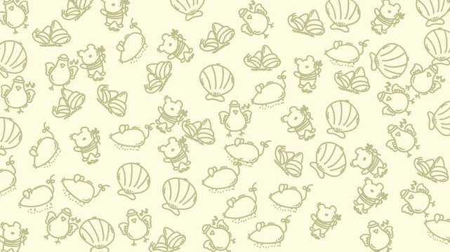Repeating pattern of sea shells and animal characters, ideal for childrens books and educational materials featuring marine life.
