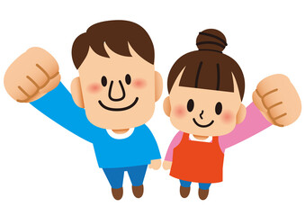 家族, ファミリー, 夫婦, お父さん, お母さん, パパ, ママ, ファイト, 応援, 声援, やる気, 元気, エネルギー, エール, 女性, 男性, 気合い, 喜ぶ, 嬉しい, 気合, 頑張る, 男女, 両親, 親, 父母, モチベーション, 結婚, ガッツポーズ, 人物, カップル, 若い, 夫妻, 夫, 妻, 笑顔, 人, かわいい, イラスト, 家族集合, 父親, 一家団欒, 団らん,