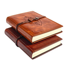 Two ornate leather-bound journals are stacked.
