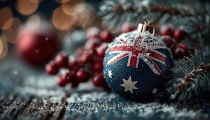 Australia flag on New Year invitation card with red Christmas ornaments, festive national holiday design