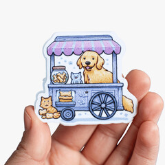 Happy Golden Retriever and Cats Pet Treat Cart