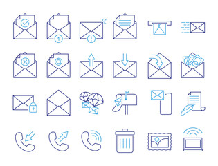 Digital communication icon set. Thin line editable stroke icons for email, messages, phone calls, mailbox, notifications, contacts, newsletters, online chat and secure data exchange.