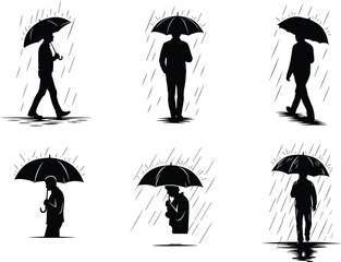 Silhouette people holding umbrellas in rain, black vector illustration, rainy weather concept, puddles and reflections, urban scene, emotional atmosphere, design art