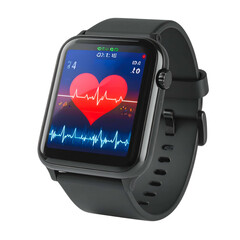 Smartwatch displays a vibrant heart graphic with cardiogram data.