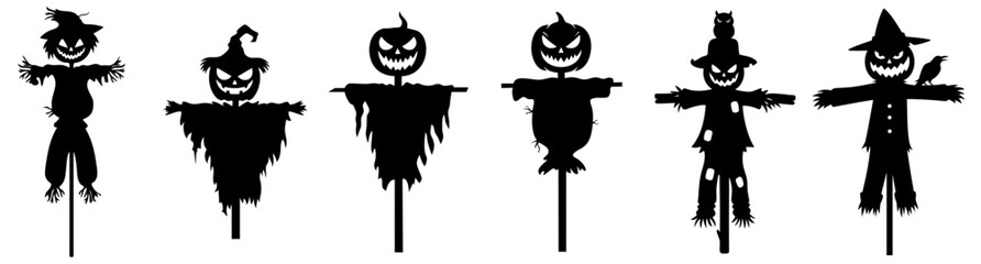Halloween scarecrow collection with pumpkin heads, witch hats, crows and ragged clothes