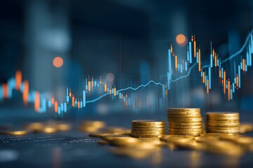 Financial market analysis with upward trend chart and stacked gold coins representing investment growth