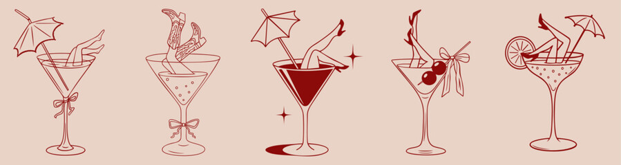 sexy female legs in martini cocktail glasses with umbrellas, cabaret pin-up burlesque show style, retro party 

