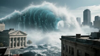 Digital wave urban flood climate crisis data stream city skyline storm surge disaster futuristic emergency, digital tsunami big wave binary code data - Powered by Adobe