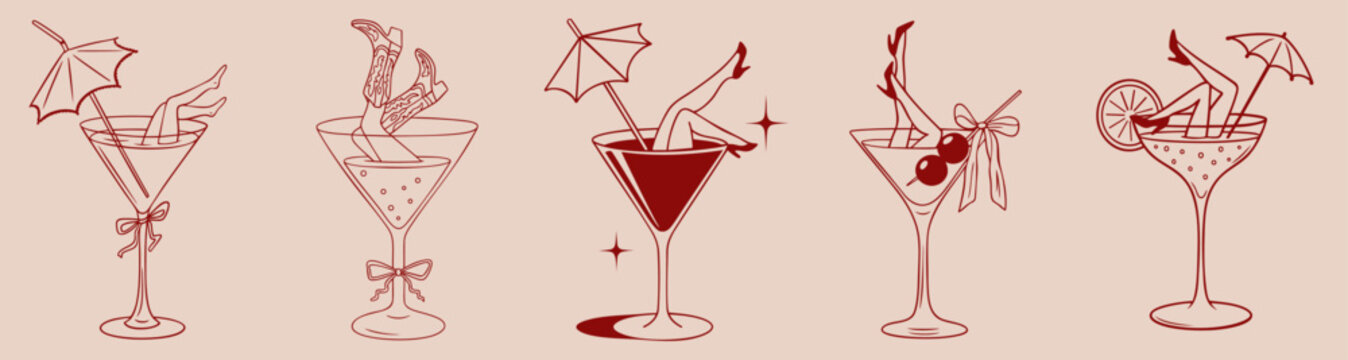 sexy female legs in martini cocktail glasses with umbrellas, cabaret pin-up burlesque show style, retro party 
