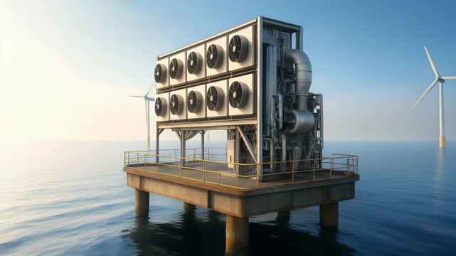 Offshore direct air capture platform for carbon removal with clean energy integration across ocean wind turbine sites, industrial fans and metal