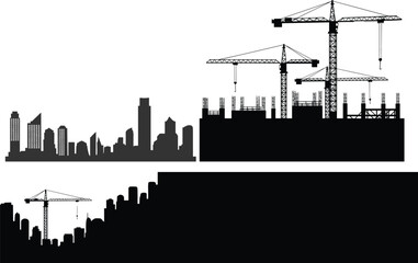 Obraz premium Urban construction and skyline silhouette vector, city development with cranes, building progress illustration, black graphic icon, architectural growth, infrastructure scene