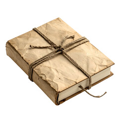 Old book wrapped in crumpled brown paper and tied with string.