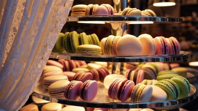 Elegant display of colorful macarons on silver tiers in a boutique window setting