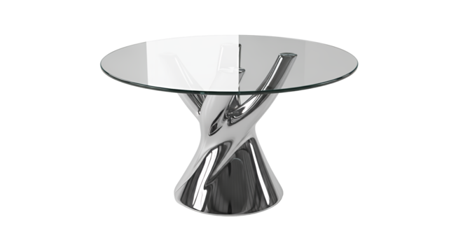 Contemporary round glass top dining table with a unique twisted chrome pedestal base, isolated on transparent background
