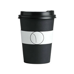 Black disposable coffee cup with a white band and simple line art .