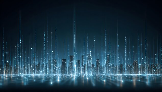 Abstract digital cityscape with glowing blue lights and reflections on a dark background