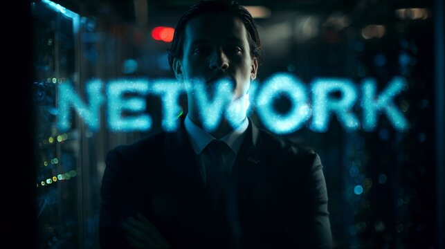 A serious male in a suit stands in front of a glowing server room, symbolizing the world of networking and technology. - Powered by Adobe