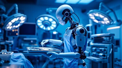 Robot surgeon surgical robot operating room healthcare technology medical innovation futuristic blue light sterile precision hospital robotic surgeon - Powered by Adobe