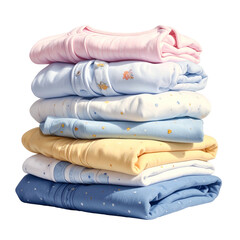 Stacked baby clothes in pastel colors are neatly folded on a black background.