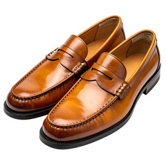 Polished brown leather penny loafers showcase craftsmanship on a black background.
