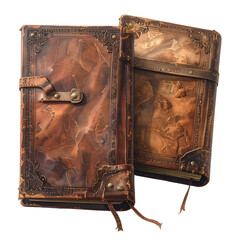 Two antique leather-bound journals with ornate metal detailing sit side by side.