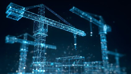 Futuristic digital scaffolding and construction cranes illuminated with neon blue lights against a dark night sky
