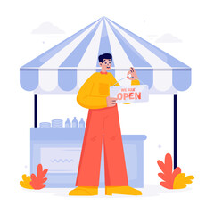 Man Holding Open Sign in Front of His Bazaar Tent Vector Illustration