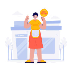 Woman in Front of Store Holding Open Sign Vector Illustration