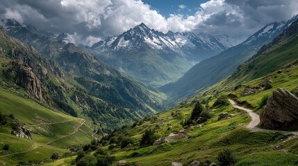 High Mountains with Green Peaks and White Snow, Winding Paths Through Majestic Landscape. High Resolution Image of Alpine Nature and Serene Wilderness.
