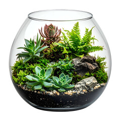 Miniature ecosystem with succulents and ferns in a clear glass vessel.