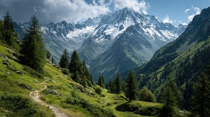 High Mountains with Green Peaks and White Snow, Winding Paths Through Majestic Landscape. High Resolution Image of Alpine Nature and Serene Wilderness.