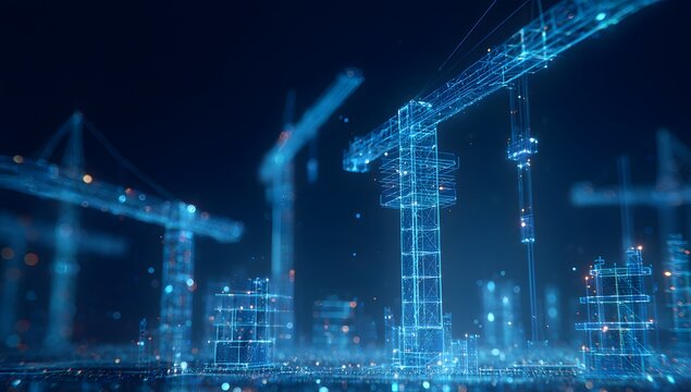 Illuminated construction cranes and buildings rendered in vibrant blue digital light against a dark night sky