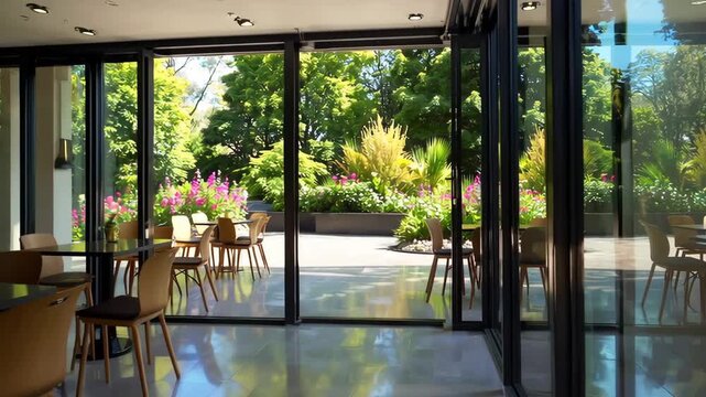 Sunlit garden view through glass walls enhancing modern indooroutdoor spaces