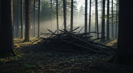 Forest clearing with brush pile, sunbeams through trees, serene atmosphere