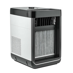 Modern air purifier with replaceable filter on black background.