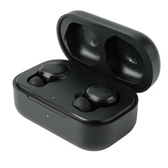 Black wireless earbuds and charging case rest inside a dark enclosure.