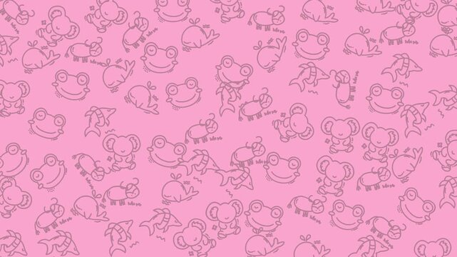Displays pink background with illustrations of frogs and koalas in gray. Perfect for childrens products, nature themed designs, and cute animal prints.