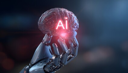 Advanced robotic hand holding a glowing artificial intelligence brain with intricate circuitry and luminous data streams