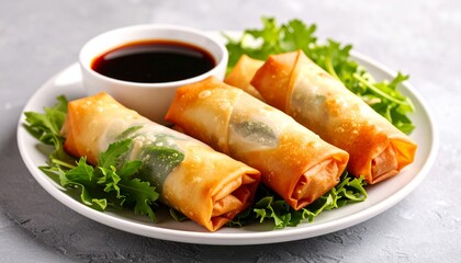 Close Up Of Asian Spring Rolls On White Plate And Soy Sauce On Grey Background