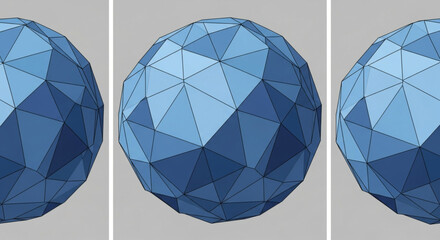 Three blue geometric spheres with triangular facets, arranged side by side, create a visually appealing pattern against a neutral background, showcasing symmetry