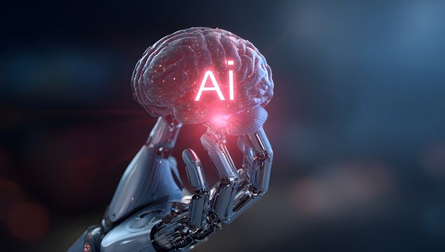 Advanced robotic hand holding a glowing artificial intelligence brain with intricate circuitry and luminous data streams