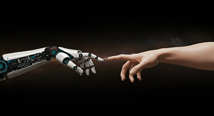 The creation of AI: A human and robot hand reaching out to touch in space